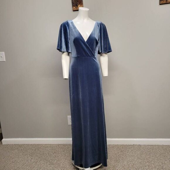 Ever-Pretty Gown Dress Women Size S Maxi Blue Velvet Empire Waist Deep V Flutter - Picture 1 of 12